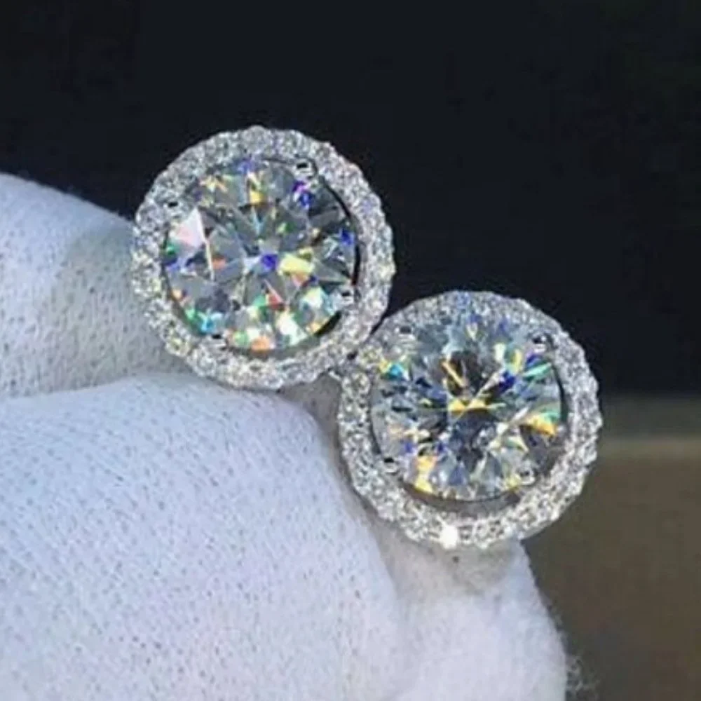 NEW Brilliant Cut Round Diamond Halo Silver Stud Earrings